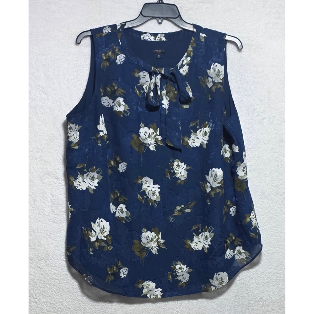 Talbots Women's Navy Blue Floral Burnout Bow Neck Sleeveless Blouse Plus Size 2X